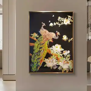 家居装饰框架孔雀花卉艺术品豪华钢化玻璃画3D孔雀墙艺术