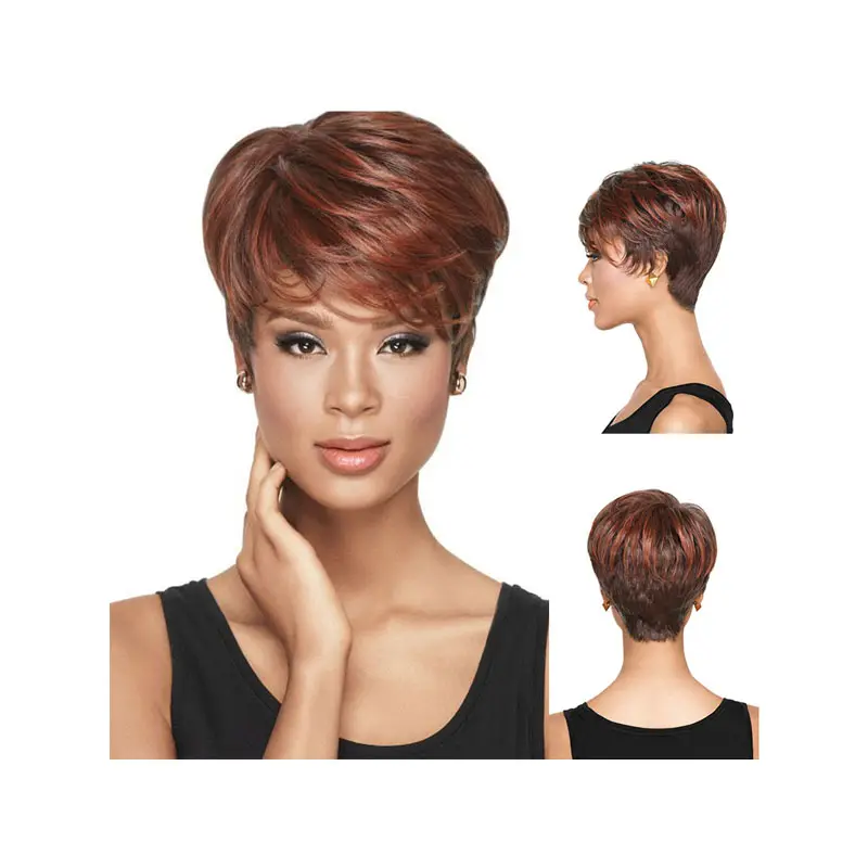 Peluca de cabello corto rizado para mujeres negras, color degradado, corte bob, rojo, marrón, sintético