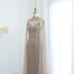 ケープスリーブ付き高級ヌードマーメイドイブニングドレスハイネックセージグリーンアラビア語女性ロングウェディングパーティーガウンSz164 - Product Image 2