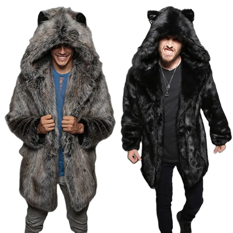 Winter Men Faux Fur Coat with Ear Hooded Warm Long Sleeve Bear Plush Cardigan Thick Teddy Jacket Man Long Parka