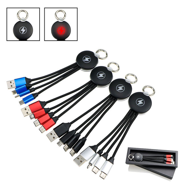 Custom Logo CS Brand Nylon 5V/2A Keychain Charger 3 in 1 USB Cable Promotional Business Gift Set for Men & Women