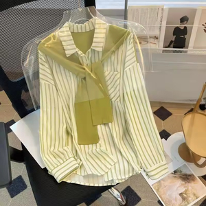 Camisa a Rayas Verde con Chal, Estilo Coreano, Holgada, de Manga Larga, para Mujer, Nueva Colección de Otoño - Product Image 5