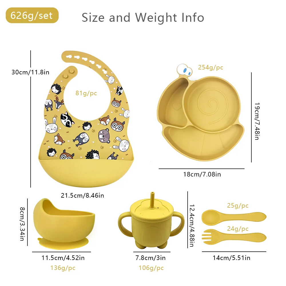 Silicone Feeding Set With Pattern Baby Bibs Snail Plate And Straw Cup For Baby Dining Tableware Set Waterproof Babero