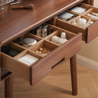 Coiffeuse moderne du milieu du siècle en noyer avec miroir rectangulaire éclairé par LED, 2 tiroirs et chaise – Ensemble table de maquillage