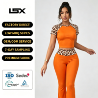 Ensemble de vêtements de sport pour femmes en 3 pièces, haut court à manches courtes de style raglan, leggings évasés à taille haute et longueur intégrale assortis