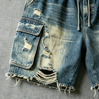 Shorts cargo en jean pour hommes, 100% coton, de haute qualité, avec logo personnalisé, bords bruts, effet usé, style streetwear hip-hop, fabriqués par un fabricant.