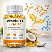 Capsules de Vitamine D3 K2 B12 en Gélules Molles à Marque Blanche 5000 UI à Base d'Huile de Coco, Logo Personnalisé, Supplément OEM ODM