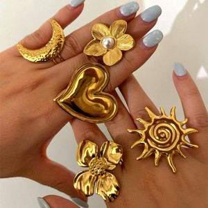 Anneaux ouverts ajustables en acier inoxydable plaqué or 18 carats, certifiés anti-ternissement, tendance, avec motif de cœur, de fleur, de soleil et de lune, pour les fêtes - Product Image 1