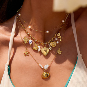 สร้อยคอชุบทองแบบหลายชั้นพร้อมจี้เปลือกหอยมุกธีมมหาสมุทรสำหรับสวมใส่ทุกวัน - Product Image 1