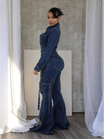 BR4872 Combinaison en jean slim à jambes évasées multi-poches, mode femme