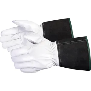 ถุงมือเชื่อมหนังแพะแบบแยกเปลือกได้ถุงมือเชื่อมแบบพันข้อมือสีฟ้าน้ำหนักเบาทนความร้อน