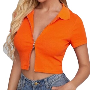 Top Corto da Donna in Maglia a Costine con Colletto e Zip, Casual, Alta Qualità, Primavera-Autunno, Arancione, Aderente - Product Image 1