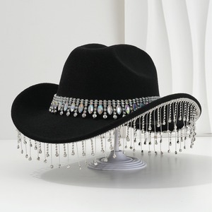 Sombrero de Vaquera de Fieltro Suave para Mujer, M56-58cm, con Borlas de Diamantes de Imitación, Estilo Occidental para Novia - Product Image 1