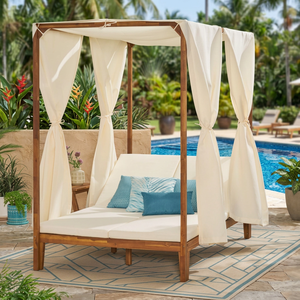 Lit de repos extérieur en teck de style moderne avec auvent, rideaux et coussins pour villas de villégiature et hôtels - Product Image 2