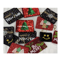 Dompet Koin Kanvas Natal Merah dengan Manik-Manik dan Ritsleting, Tas Penyimpanan Mini Bergaya untuk Liburan, untuk Wanita, untuk Koin dan Kartu