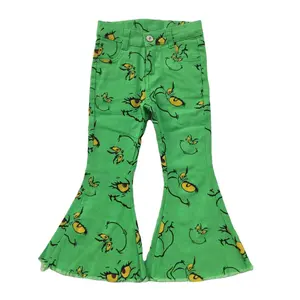 Christmas Fashion little Girl's Kids Jeans Green Cartoon Adjustable Waist Stylish Flare Pants Boutique Hot Kids Girl Denim Pants
