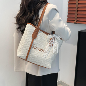 Sac fourre-tout pour femme, nouvelle collection été, tissé, avec fermeture éclair, moyen, magnifique, couleur contrastée, grande capacité, tendance, portable - Product Image 2