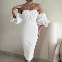 Robe Élégante Moulante à Volants à Taille Haute et Épaules Dénudées, Nouveau Modèle avec Taille Empire et Décoration Froncée pour Soirées