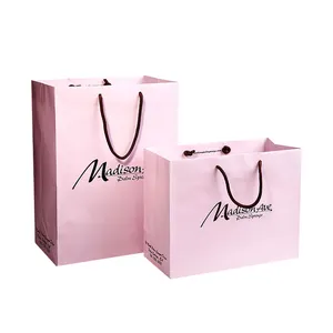 Custom Luxe Kleding Retail Tas Verpakking Roze Cadeau Tas Bolsas De Papel Boodschappenverpakking Papieren Zakken Met Handvatten Voor Kleding