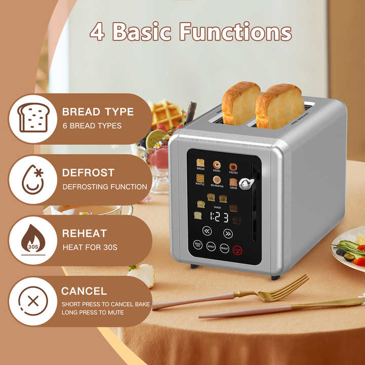 Stainless Steel 2 Slice Smart Toaster with Touch Screen Control