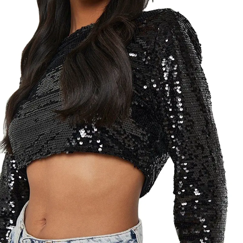 Custom Full Body Sequin Hot Sexy Girl Ladies Crop Top Shirts Long Sleeve Back Zip Up Women Party Club Blouse Shirts