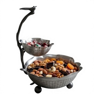 Cuenco de metal vintage de dos niveles para nueces con soporte para pájaros, bandeja de servir con forma de flor - Product Image 2