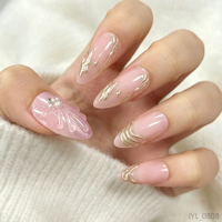 Faux Ongles Réutilisables en ABS, Longs, Amande, Rose Nude, avec Ligne Dorée et Perles, Vente en Gros, Logo Personnalisé OEM, Marque Privée