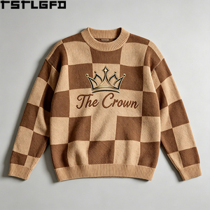 Pull tricoté à carreaux OEM/ODM brodé Couronne, style Old Money, col rond épais, vintage, vente en gros - Product Image 4