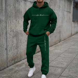 Ensemble survêtement homme imperméable en polaire à capuche et pantalon de jogging, imprimé lettres vertes, tenue sportive deux pièces - Product Image 1