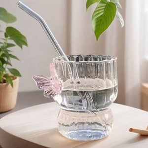 Copo de Suco Moderno Infantil de Vidro Borossilicato Listrado com Borboleta Fofa, Resistente ao Calor, com Canudo, para Uso Doméstico - Product Image 6