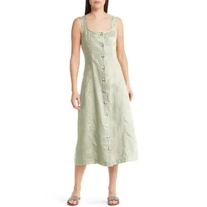 Custom Elegant High Quality Slip Sleeveless Button Up Womans Simple Casual Linen Dresses Women