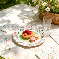 Nouveau produit : Assiette jetable en carton blanc 350g, finition vert clair, avec motif floral pour les fêtes