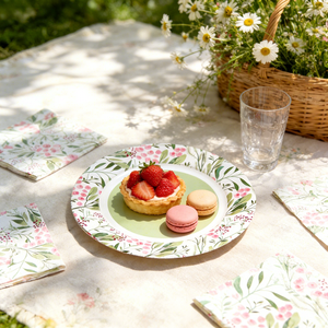 Nouveau produit : Assiette jetable en carton blanc 350g, finition <span class=keywords><strong>vert</strong></span> clair, avec motif floral pour les fêtes - Product Image 1