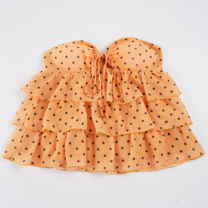 Top sin tirantes sexy amarillo con lunares para mujer, top de tubo con volantes escalonados y lazo dulce, novedad de verano 2026 - Product Image 6