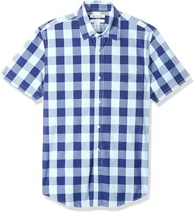 2022 클래식 블루 버팔로 체크 셔츠 반팔 코튼 셔츠 슬림 피트 남성 셔츠