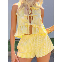 Ensemble assorti 2 pièces à carreaux pour femme : Crop top sans manches à nouer devant avec volants et short taille élastique – Tenue décontractée d'été