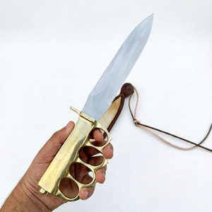 Couteau Handal en laiton à lame pointue en acier au carbone, couteau bwoie à bord droit avec étui en cuir - Product Image 1