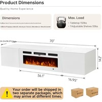Meuble TV mural flottant bicolore noir et blanc de style farmhouse avec foyer électrique de 36 pouces et éclairage LED