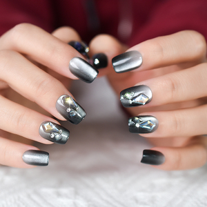 Presione las <span class=keywords><strong>uñas</strong></span> con piedras Gel Cat Eyes Design Squoval Short Black Gradient Color 15 tamaños-30 piezas Cubierta completa - Product Image 1
