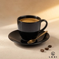 Conjunto de Xícara e Pires de Porcelana Preta Personalizada para Espresso, com Esmalte Brilhante e Acabamento Espelhado, para Serviço de Café e Chá, Decoração para Casa e Cozinha