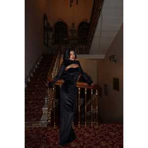 Vestido de Gala Negro de Lujo Talla XL de Poliéster con Lentejuelas, Cuentas y Decoraciones Florales Drapeadas, Escote Redondo, Largo hasta el Suelo para Fiestas - Product Image 5