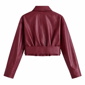 <span class=keywords><strong>Blouson</strong></span> en <span class=keywords><strong>cuir</strong></span> court <span class=keywords><strong>bordeaux</strong></span> pour <span class=keywords><strong>femme</strong></span>, ceinturé, style motard, coupe ajustée, col à revers, streetwear chic Y2K, vêtement d'extérieur court pour l'automne - Product Image 5