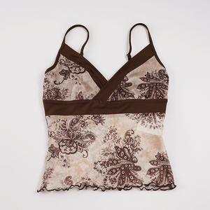 Top de malla con estampado Paisley vintage para mujer, cuello en V, tirantes finos, ajuste ceñido, estilo Y2K, sexy, sin espalda, casual, blusa sin mangas marrón - Product Image 6