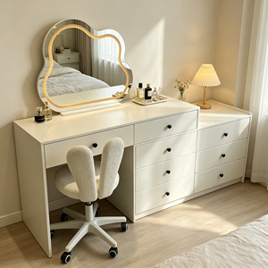 Coiffeuse moderne blanche avec miroir LED en forme de nuage, armoire de rangement et chaise pour chambre à coucher - Product Image 2