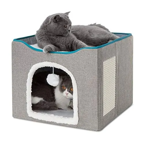 Cat Bed for Indoor Cats -Large Cat Cave for Pet Cat House with Fluffy Ball Hanging and Scratch Pad, Foldable Cat Hidewawy,16.5x1