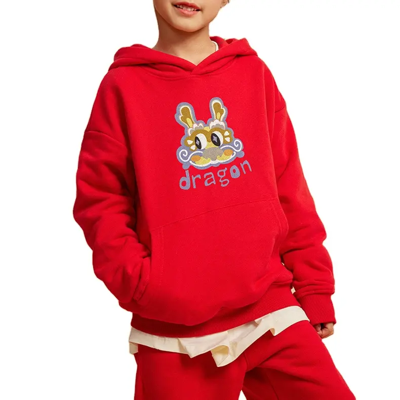 Child'S Dragon Graphic Printing Pullover Jacket Hoodie Red Dropped Shoulder Oversized Hoodies For Kids
