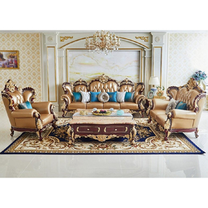 Ensemble <span class=keywords><strong>de</strong></span> canapés Renaissance italienne avec accents dorés, revêtement en cuir véritable <span class=keywords><strong>marron</strong></span> et noyer sculpté à la main pour villas et appartements <span class=keywords><strong>de</strong></span> luxe - Product Image 1