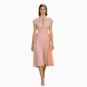 Wholesale Pink <b>Vintage</b> Tie Neck Midi <b>Dress</b> Cap Sleeve High Waist Fit And Flare A Line Pleated Solid <b>Summer</b> Casual <b>Dress</b> - Product Image 3