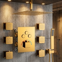 Système de douche doré poli avec jets corporels intégrés de 16 pouces, ensemble de robinetterie thermostatique de plafond avec jets de corps à arrêt intégré