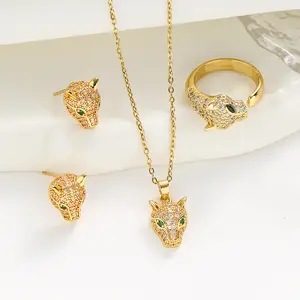 3Pcs/Set Leopard Designer Jewelry Sets Copper Earrings Luxury Adjustable Ring Animal Rhinestone Necklace Shiny Jewelry Set